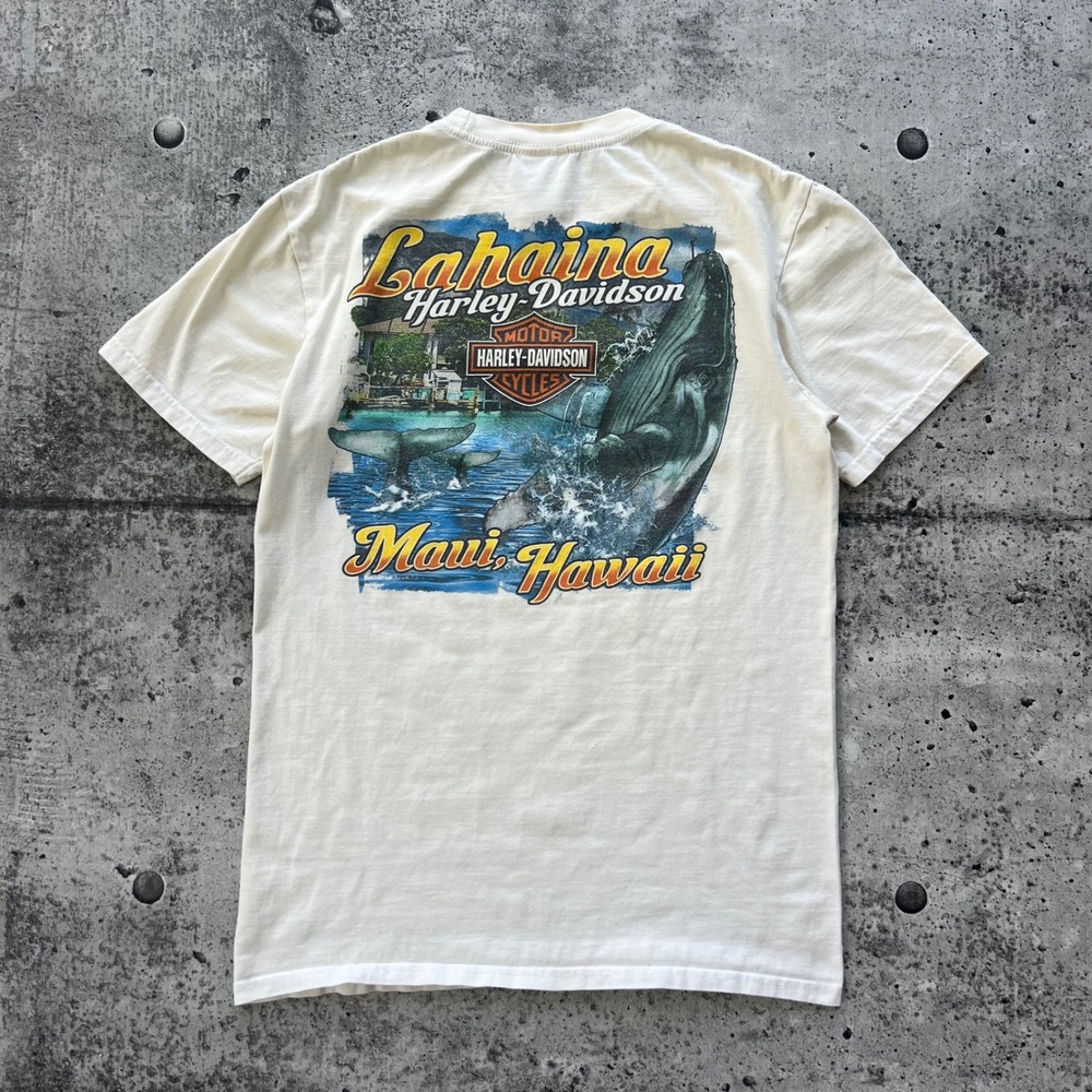 Harley-Davidson T-Shirt Men Medium Cream Lahaina Maui Hawaii Whale Biker